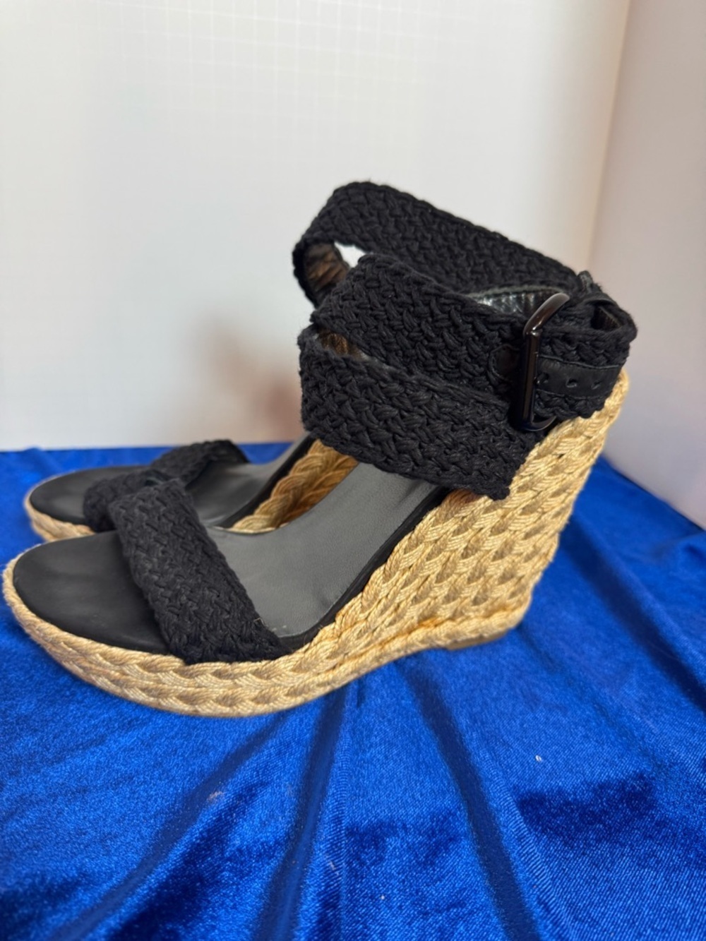 Stuart Weitzman Black Braided Espadrille Wedge Sandals with Ankle Wrap - Picture 5 of 8